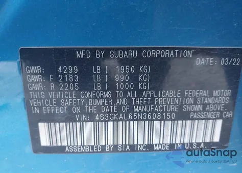 2022 Subaru Impreza Sport из США, поврежденный, VIN 4S3GKAL65N3608150